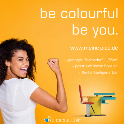 Kampagnenmotiv gelb mit Frau und Refraktionseinheit Pico mit Slogan "be colourful - be you."