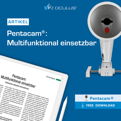 Online-Artikel auf Tablett und Pentacam im Hintergrund "Pentacam: Multifunktional einsetzbar"