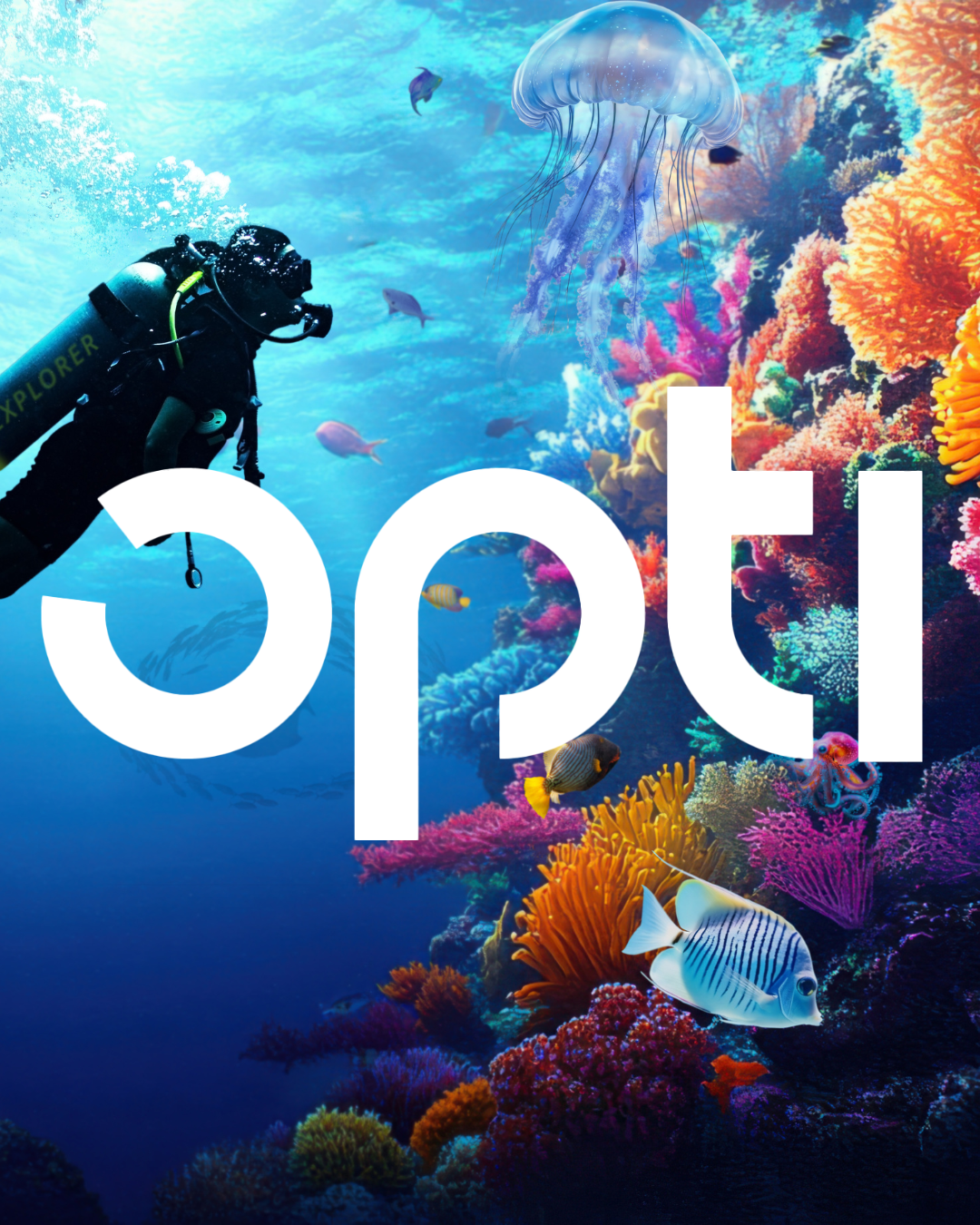 opti Logo weiß im hintergrund korallenriff mit taucher